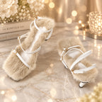 Women's Plush Fur Fuzzy Sandals Thin Heel Square Toe Ankle Lace-Up Buckle Strap Slides