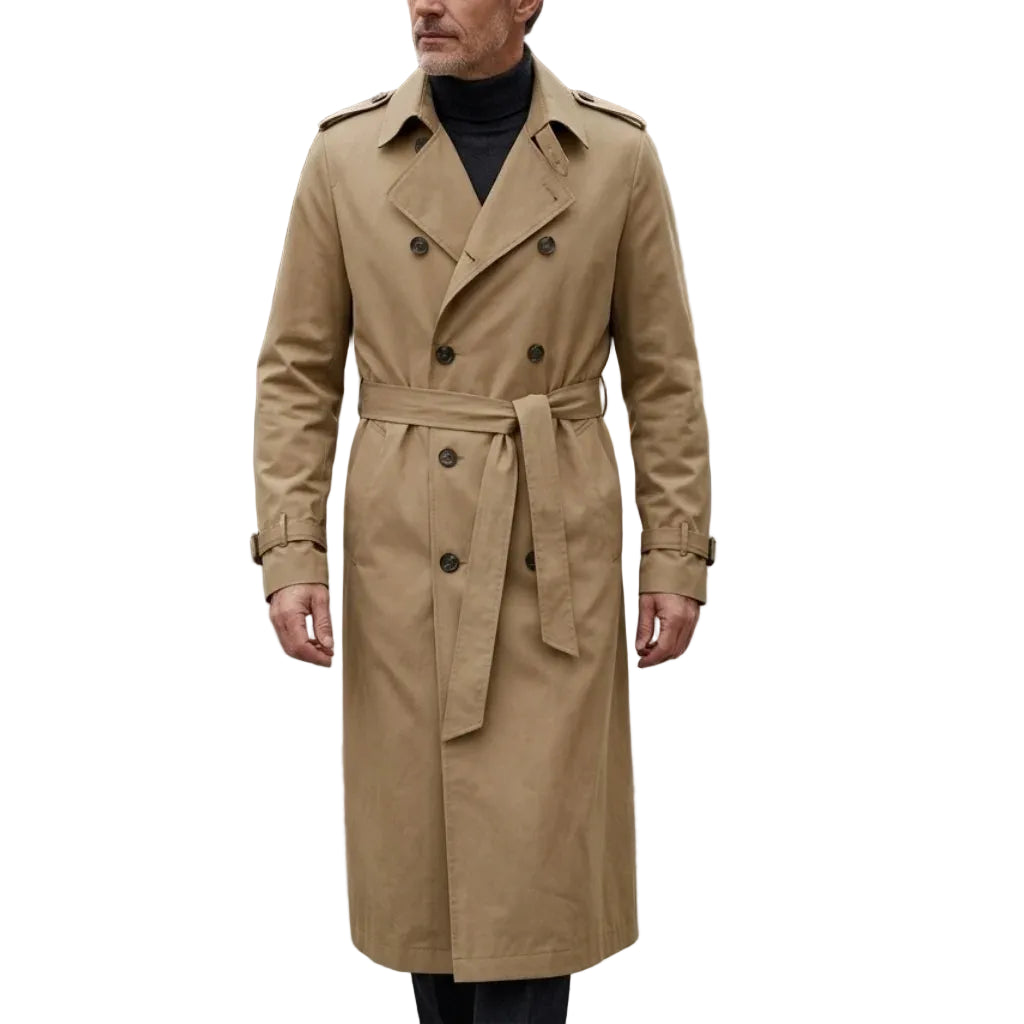 Men's Double-Breasted Long Trench Windbreaker Coat