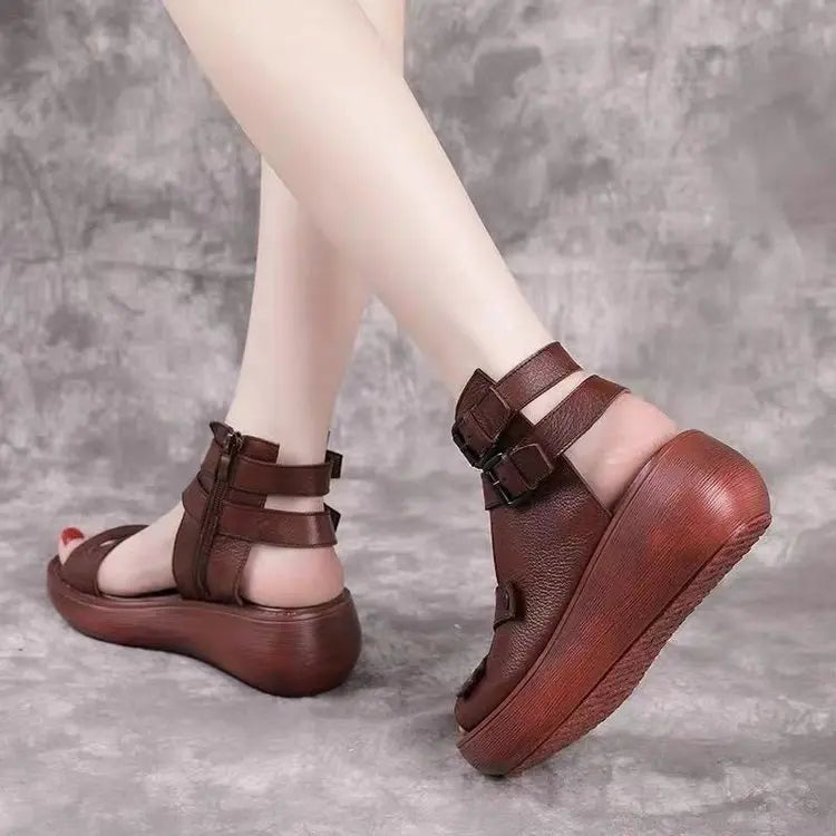 Women's Retro Leather Wedge Sandals Platform Mid Heel Shoes