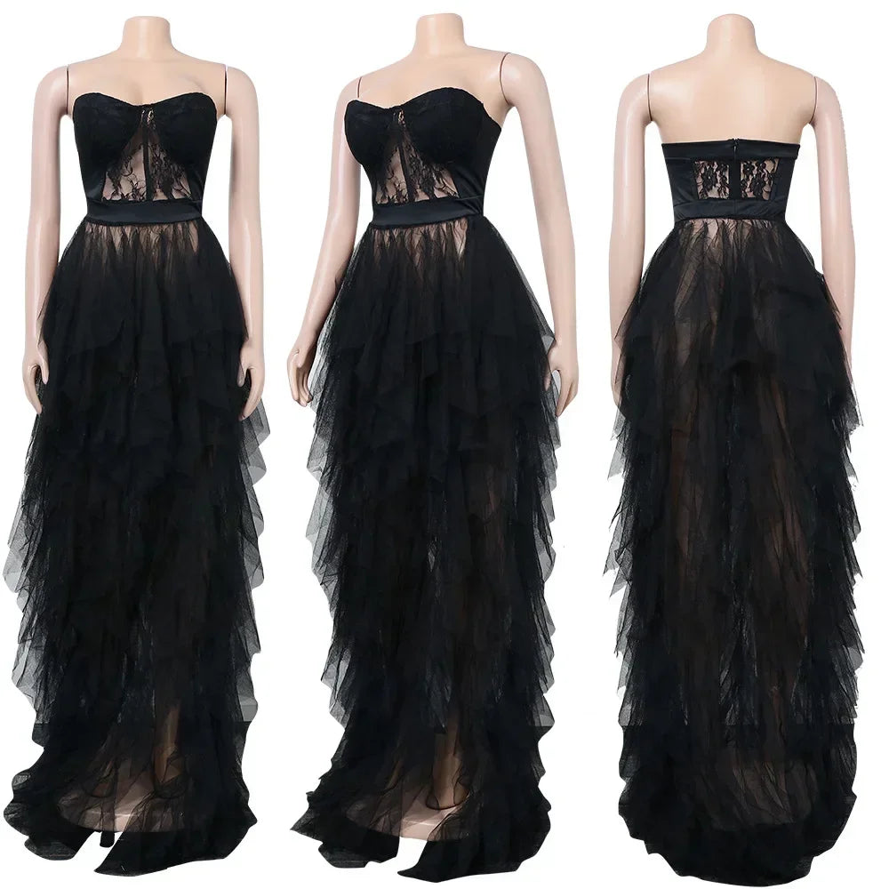 Women's Lace Patchwork Ruffle Split Bodycon Maxi Dress