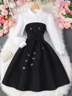 Girls' Contrast Color Lapel Long-Sleeved Dress QZ24218A