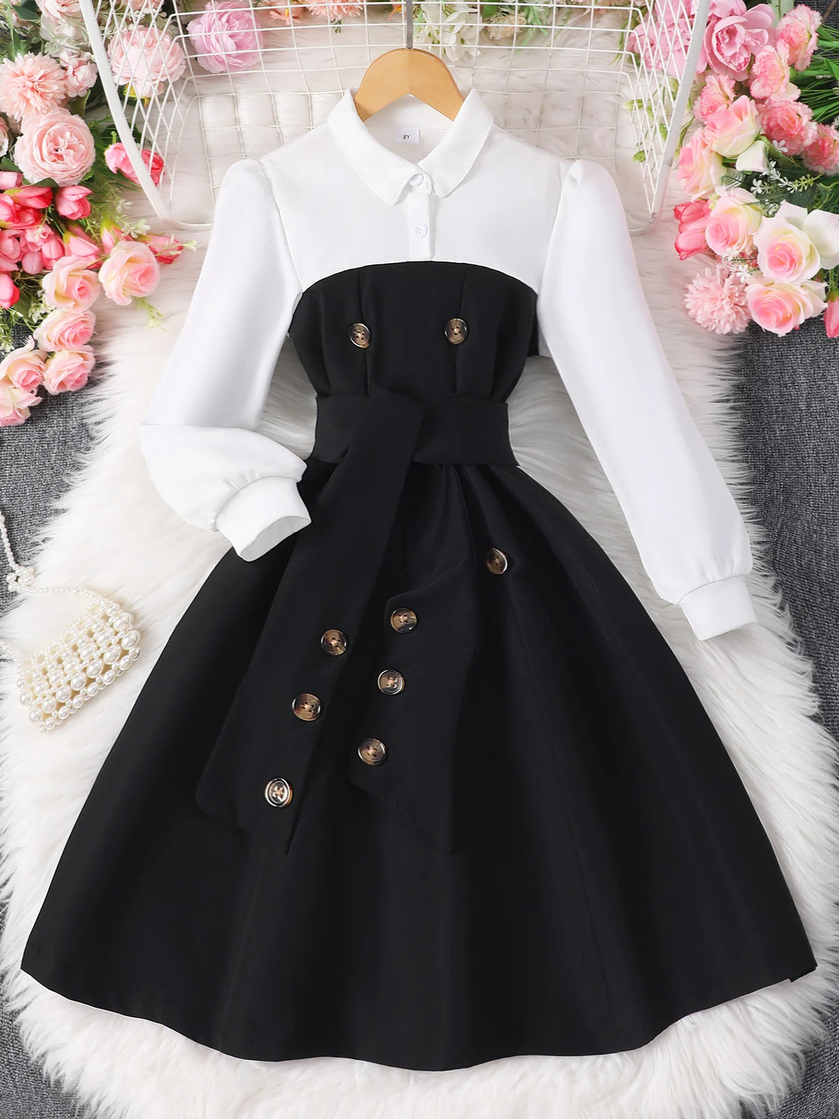 Girls' Contrast Color Lapel Long-Sleeved Dress QZ24218A