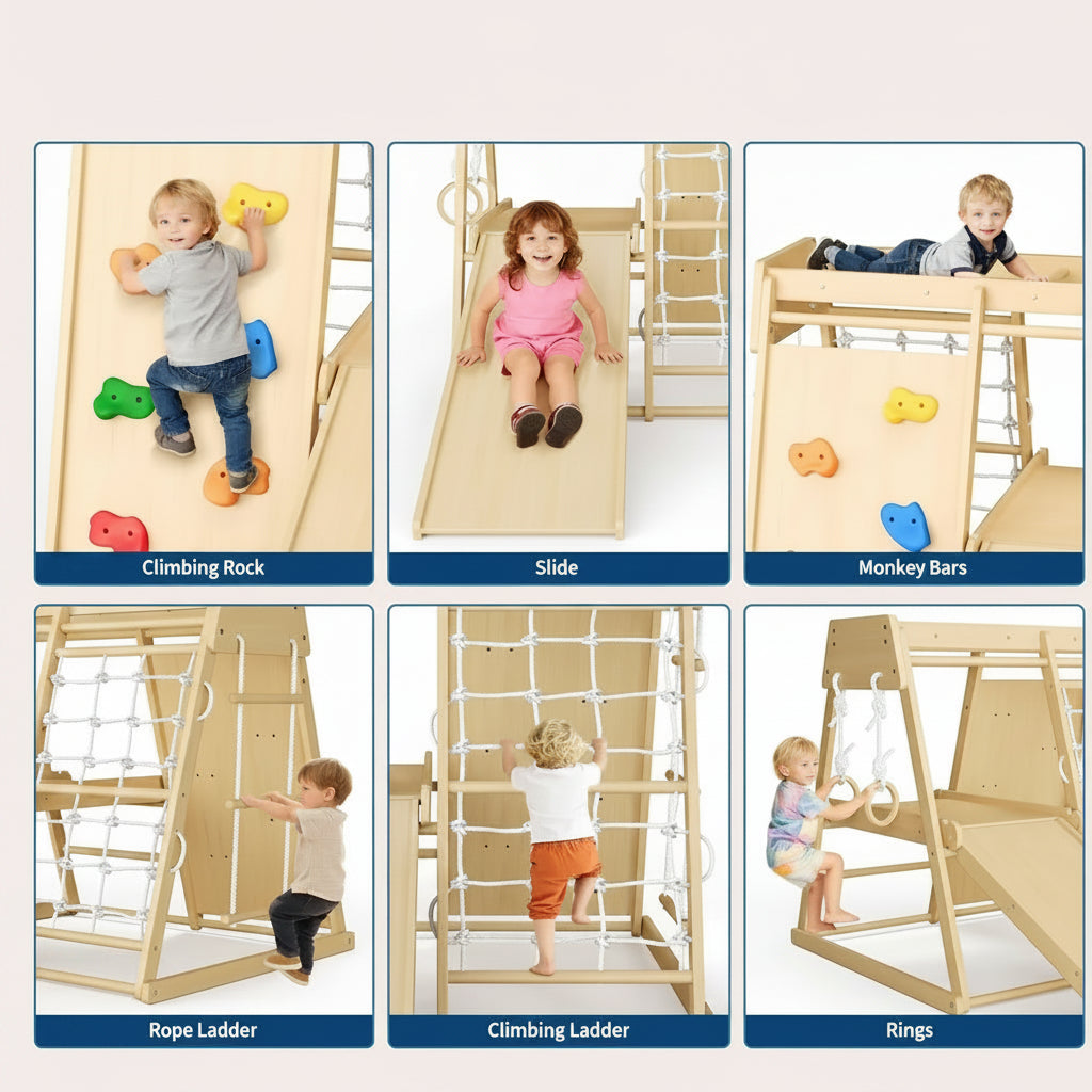 Kids 6 in 1 Wooden Indoor Jungle Gym Slide Climber Playset Toy Set