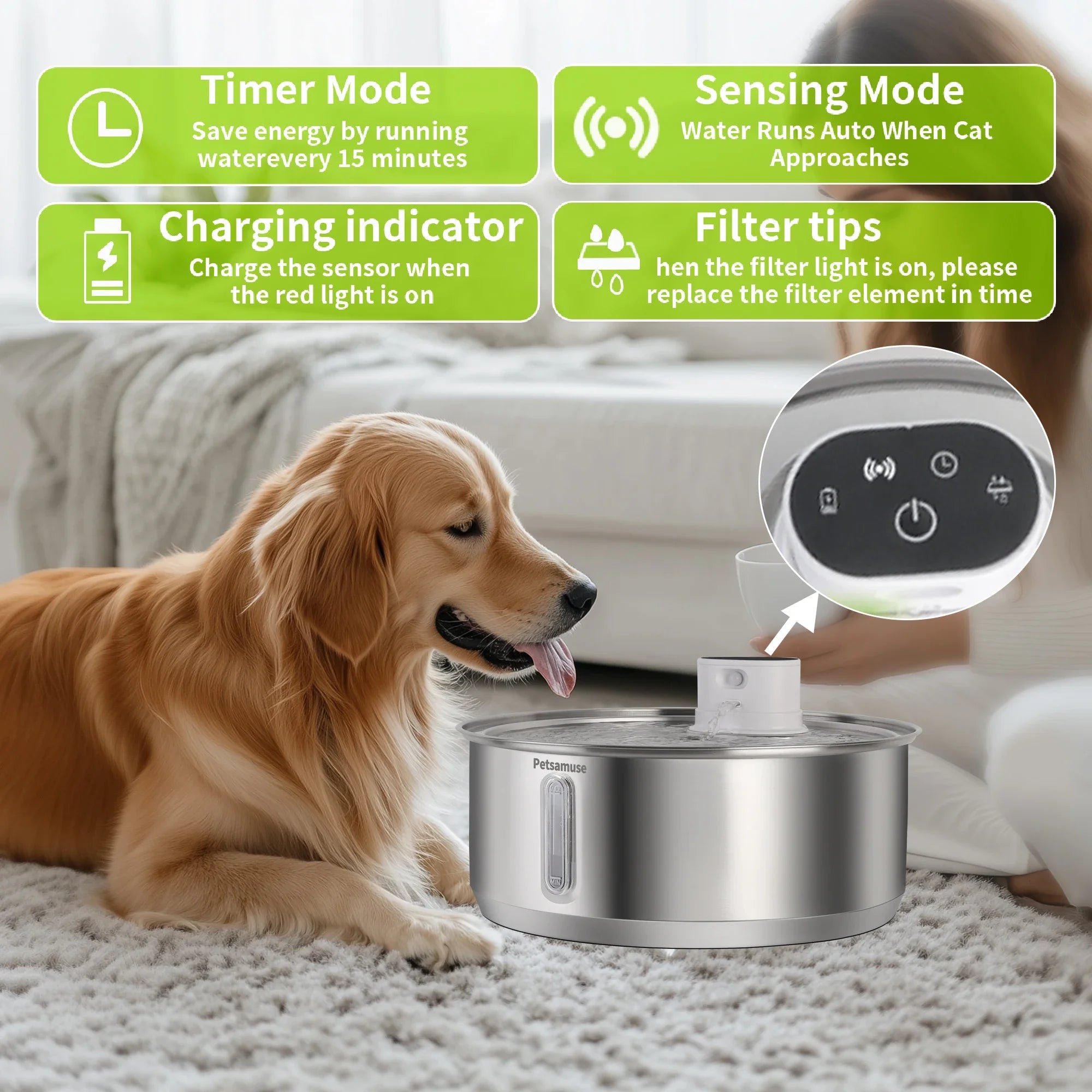 8L Automatic Stainless Steel Dog Water Fountain 5000mAh Wireless Pet Drinker Battery & Sensor 2-in-1 Dispenser