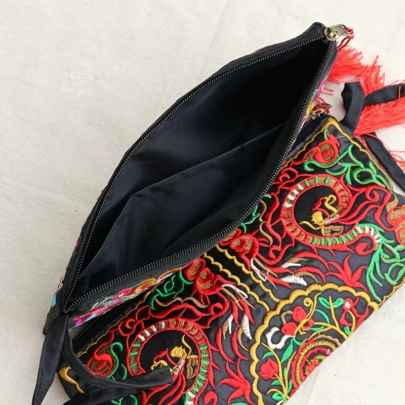 Vintage Embroidered Ethnic Style Long Wallet Wristlet Clutch Bag