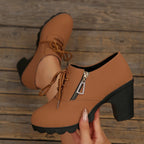 Women's Side-Zip Round Toe High Heel Boots