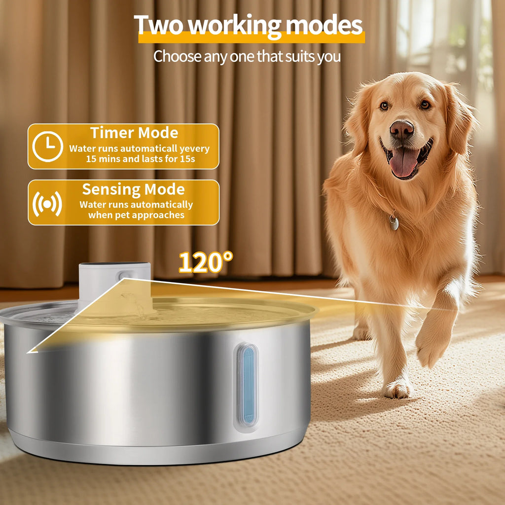 8L Automatic Stainless Steel Dog Water Fountain 5000mAh Wireless Pet Drinker Battery & Sensor 2-in-1 Dispenser