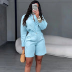 Women's Casual Long Sleeve Shirt and Shorts Two Piece Matching Set