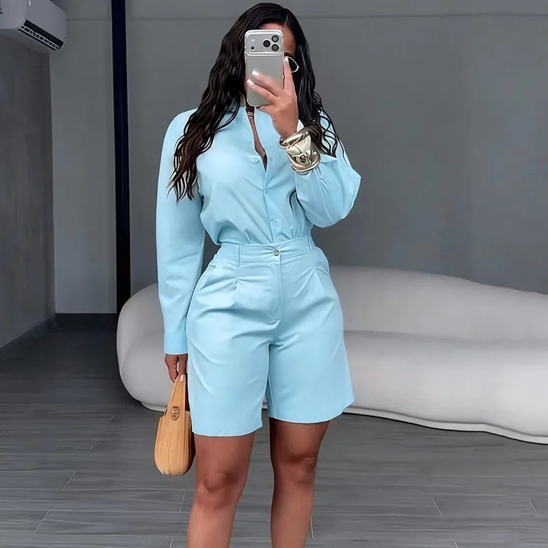 Women's Casual Long Sleeve Shirt and Shorts Two Piece Matching Set