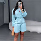 Women's Casual Long Sleeve Shirt and Shorts Two Piece Matching Set
