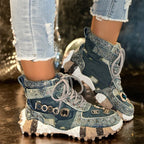 Women's Rhinestone High-Top Sneakers Diamond Lace-Up Casual Boots Thick Bottom