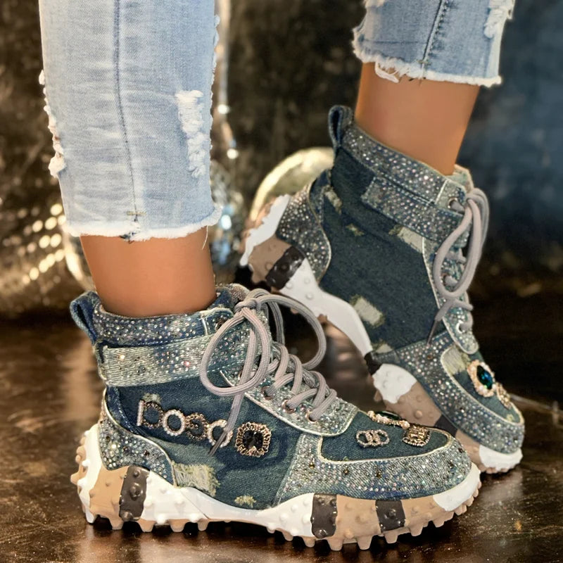 Women's Rhinestone High-Top Sneakers Diamond Lace-Up Casual Boots Thick Bottom
