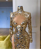 Women's Sequins High Neck Long Sleeve Split Evening Dress