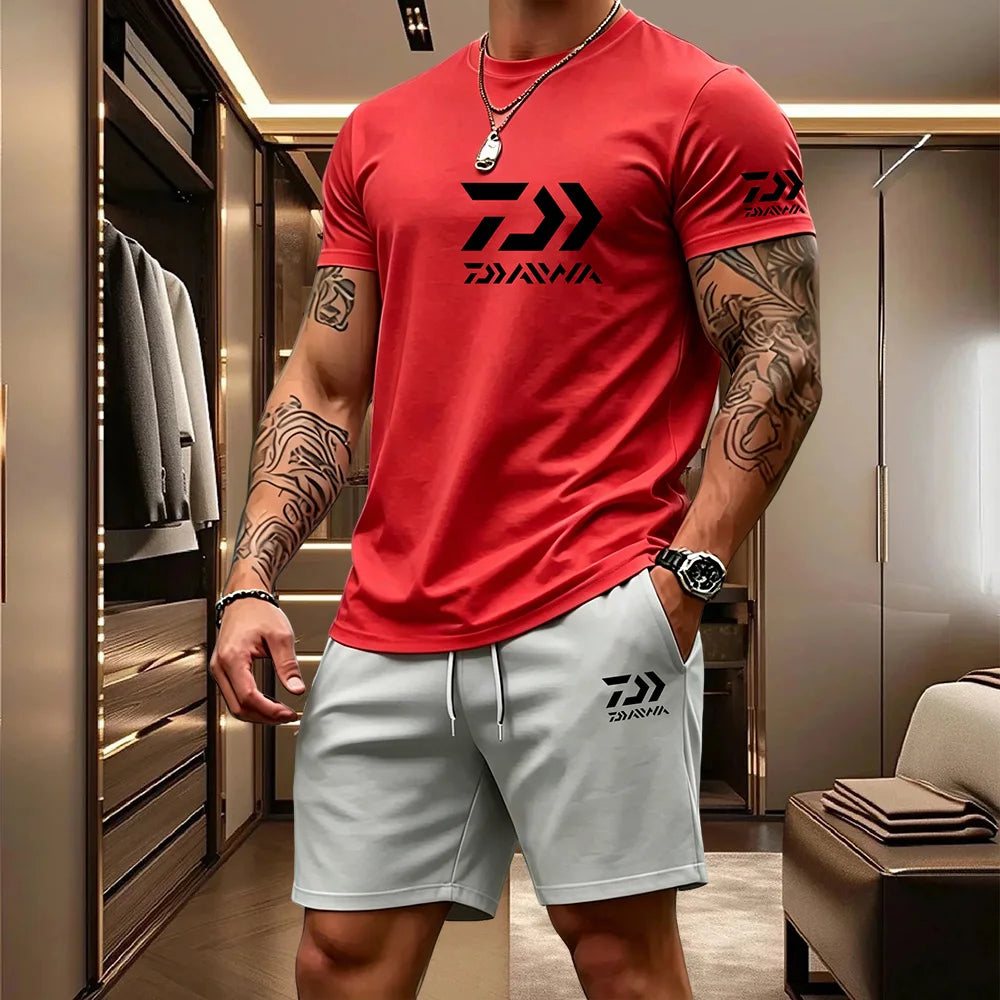 Men's Casual Round Neck T-Shirt and Drawstring Shorts Set