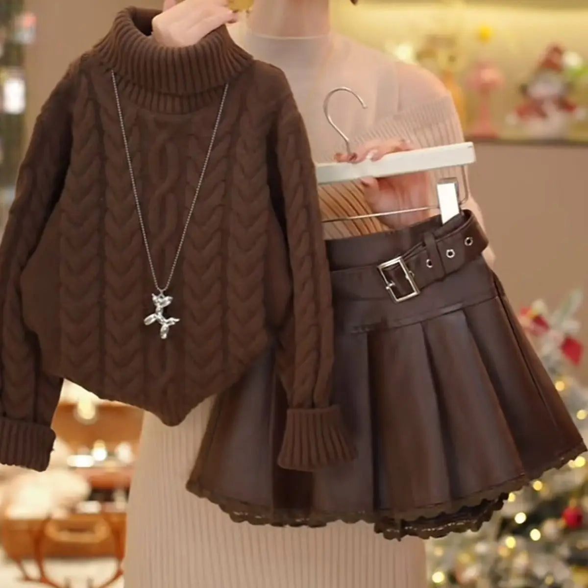 Girls' Knit Sweater Lace Leather Skirt Two Piece Set