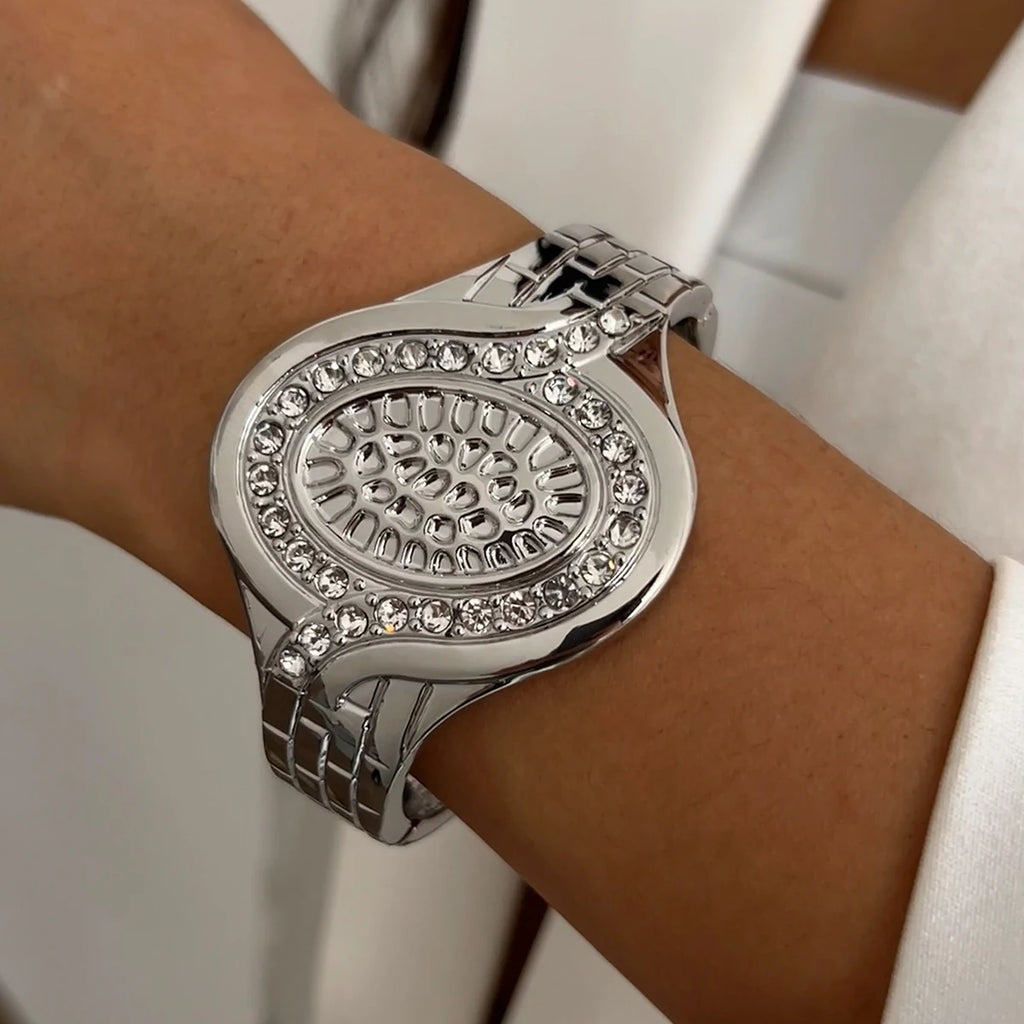 Women's Fashion Statement Rhinestone Watch Shaped Heavy Metal Spring Bangles
