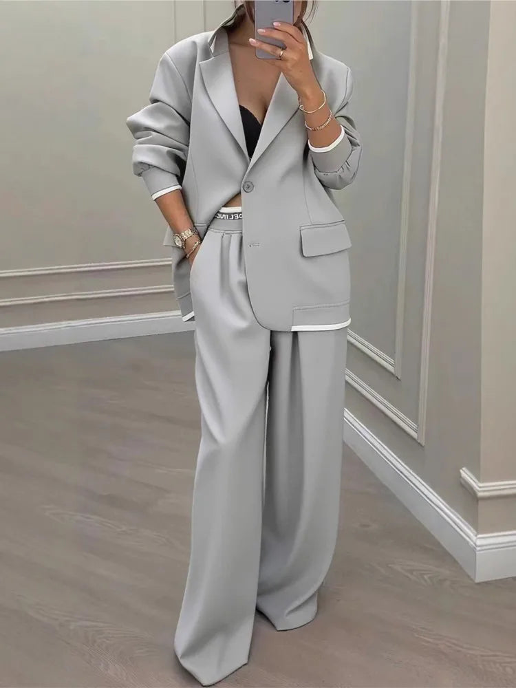 Women's Solid Lapel Blazer Wide Leg Pants Set