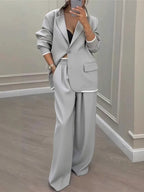 Women's Solid Lapel Blazer Wide Leg Pants Set