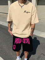 Men's 3D Letter Print Round Neck T-Shirt and Drawstring Shorts Set
