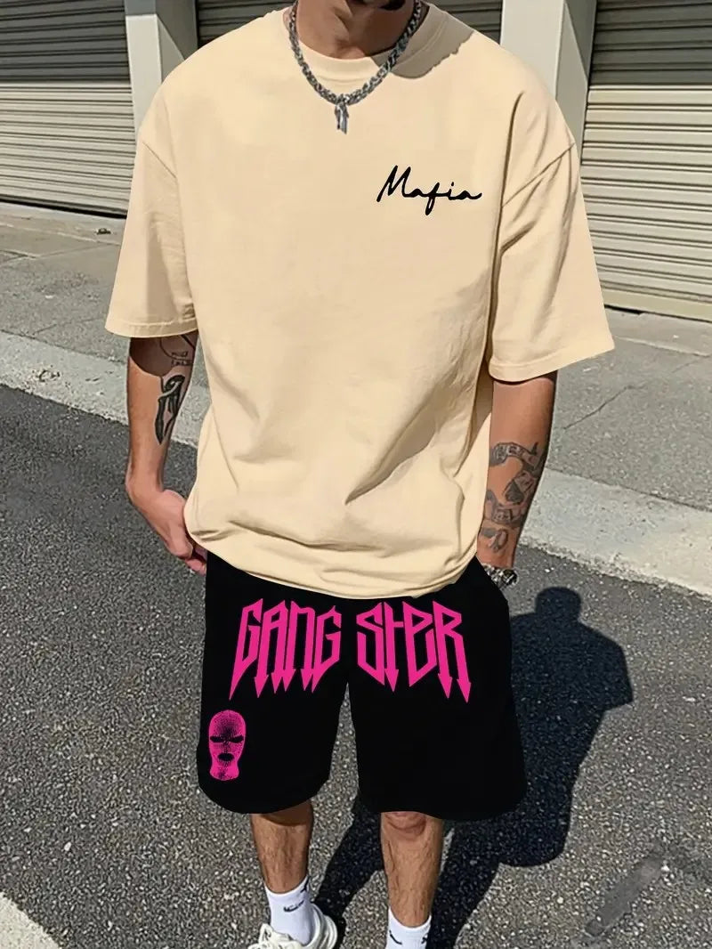 Men's 3D Letter Print Round Neck T-Shirt and Drawstring Shorts Set