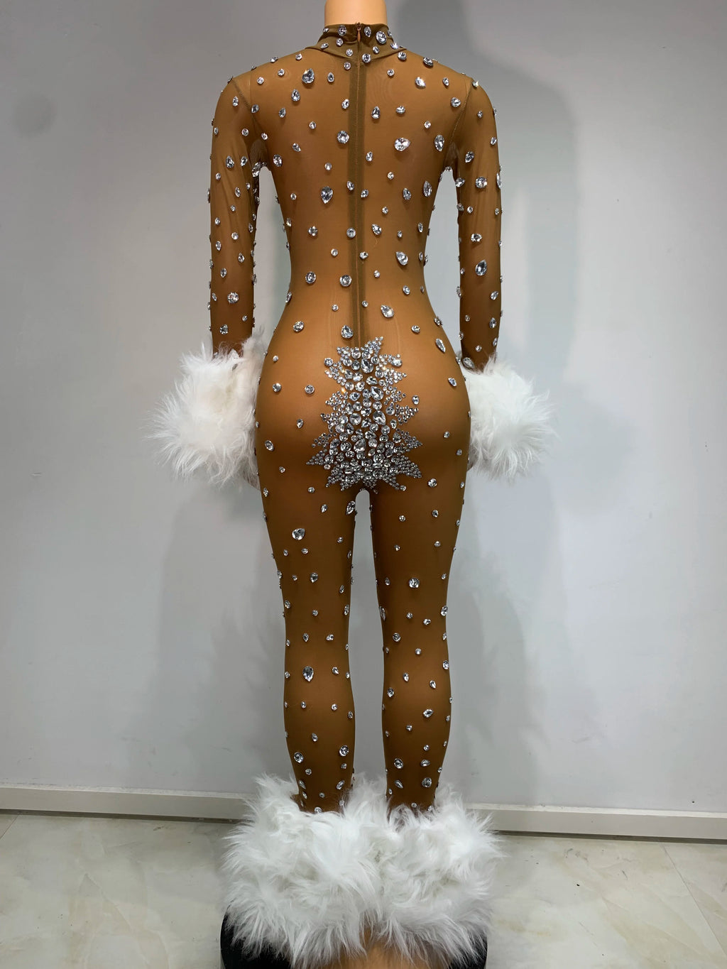 Women's Rhinestone Feather Mesh Jumpsuit