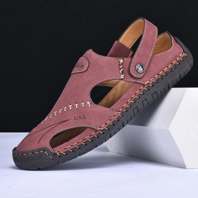 Abfuber Men's Casual Leather Sandals Breathable Hollow Out Shoes