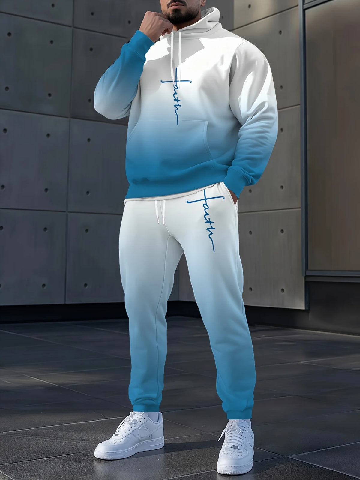 Men's Autumn Gradient 3D Print Hoodie and Sweatpants Tracksuit Set