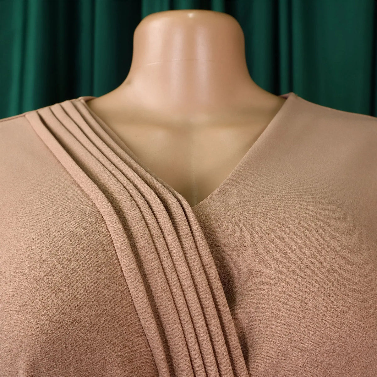 Women's V Neck Pleated Belted Mid Calf Dress