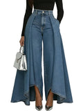 Women's Straight Leg Pants Casual Denim Print Mid-Waist Button