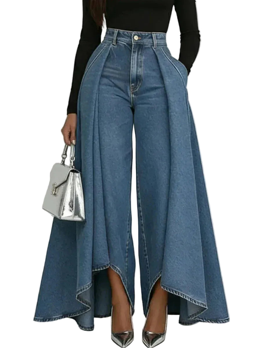 Women's Straight Leg Pants Casual Denim Print Mid-Waist Button