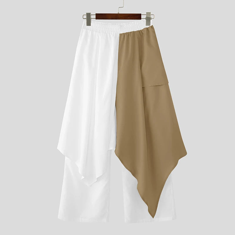 Men's Patchwork Jogger Pants Elastic Waist Wide Leg Trousers