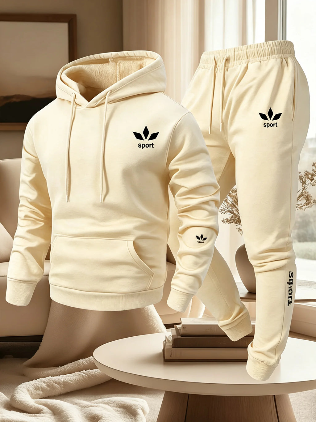 Men's Warm Fleece Lined Printed Hoodie and Jogger Pants Tracksuit Set