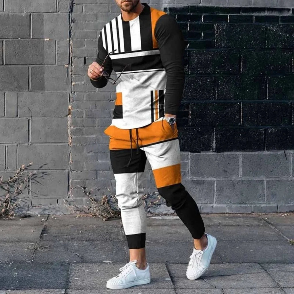 Men's Casual Print Round Neck T-Shirt and Pants Set