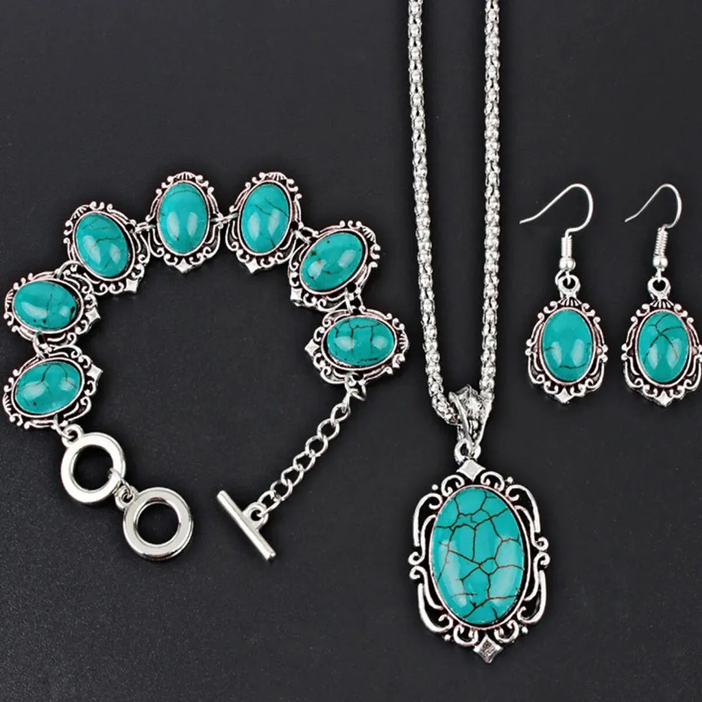 Women's Fashion Vintage Turquoise Bracelet Necklace Earrings Jewelry Set