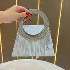 Women's Rhinestone Ring Tassel Trapezoid Evening Clutch Bag