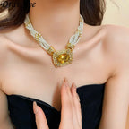 French Style Geometric Pearl Jewelry Earrings and Necklace Vintage Rhinestone