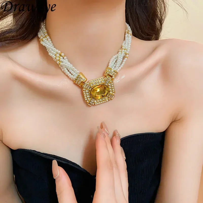 French Style Geometric Pearl Jewelry Earrings and Necklace Vintage Rhinestone