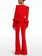 Women's V-Neck Ruffles Jacket Flare Pants Suit Set