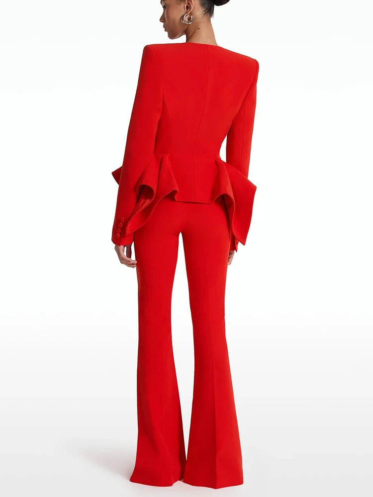Women's V-Neck Ruffles Jacket Flare Pants Suit Set