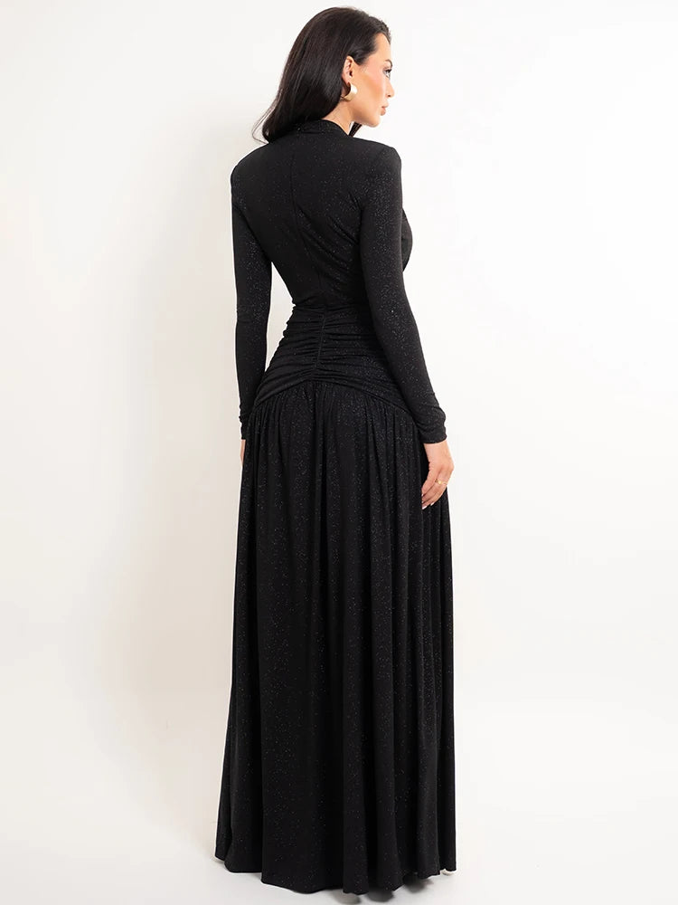 Women's Deep V-Neck Ruched High Slit Glitter Maxi Dress