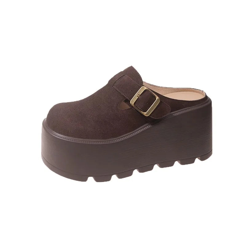 2025 New 9cm Women's Platform Heel Mules Casual Buckle Shoes Closed Toe Backless Slip On Walking Increase Height Wedge Slippers