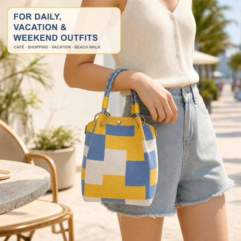 Women's Mini Knitted Geometric Colorblock Bucket Handbag