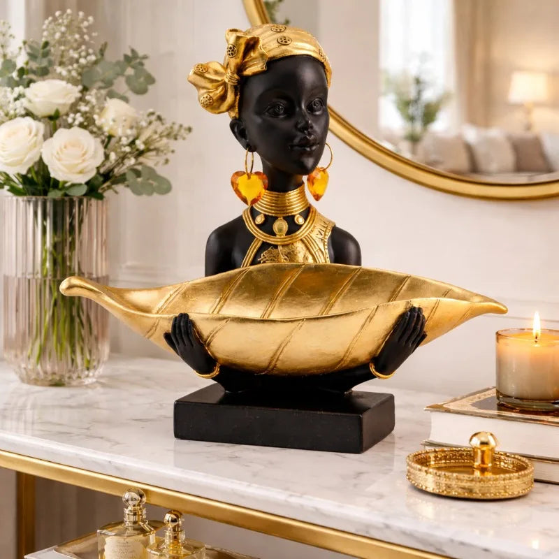 Resin African Tribal Statue and Tabletop Storage Tray