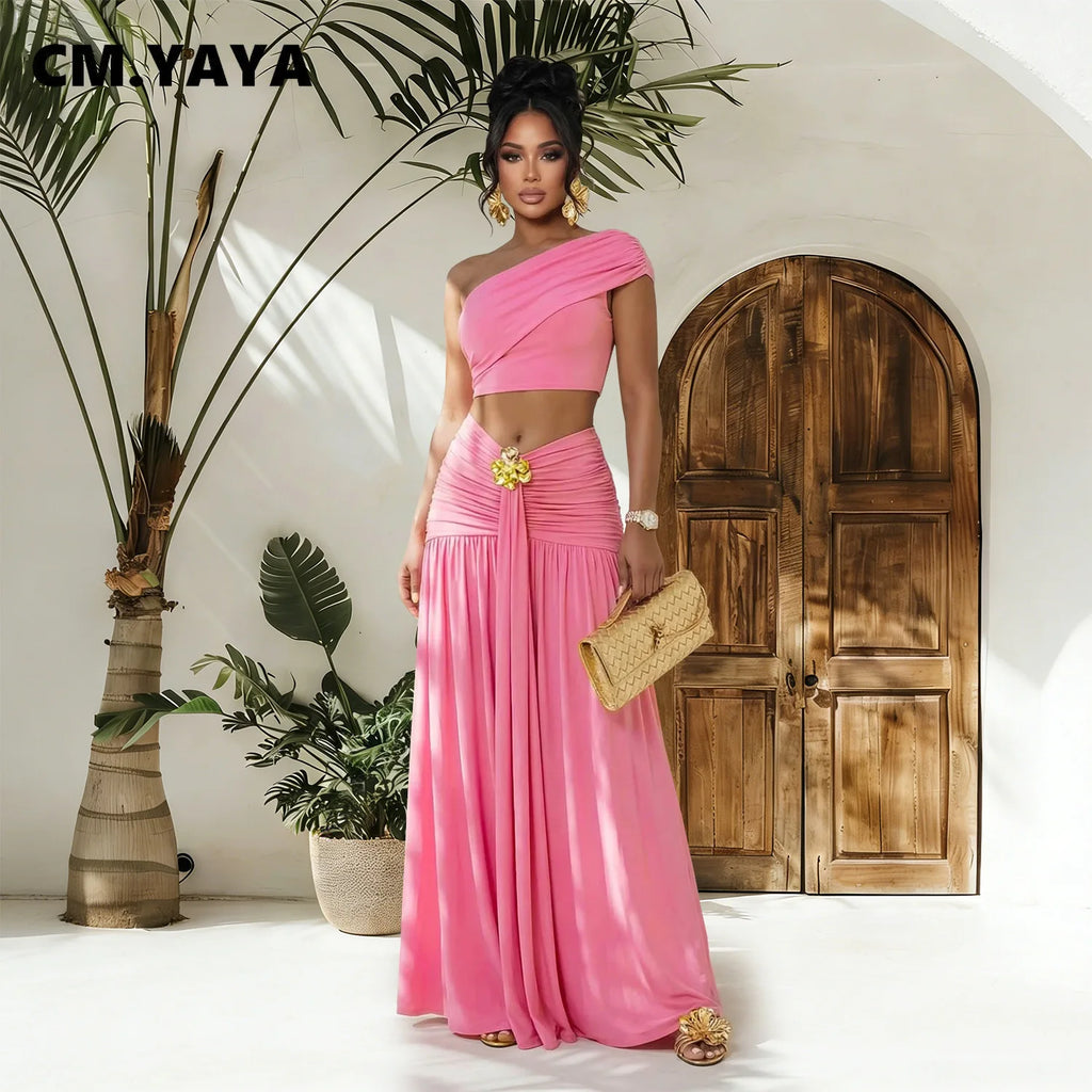 Women's Casual One Shoulder Crop Top and Long Skirt Two Piece Matching Set
