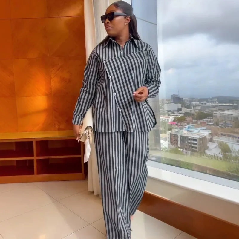 Women's Striped Button Shirt Wide Leg Pants Set