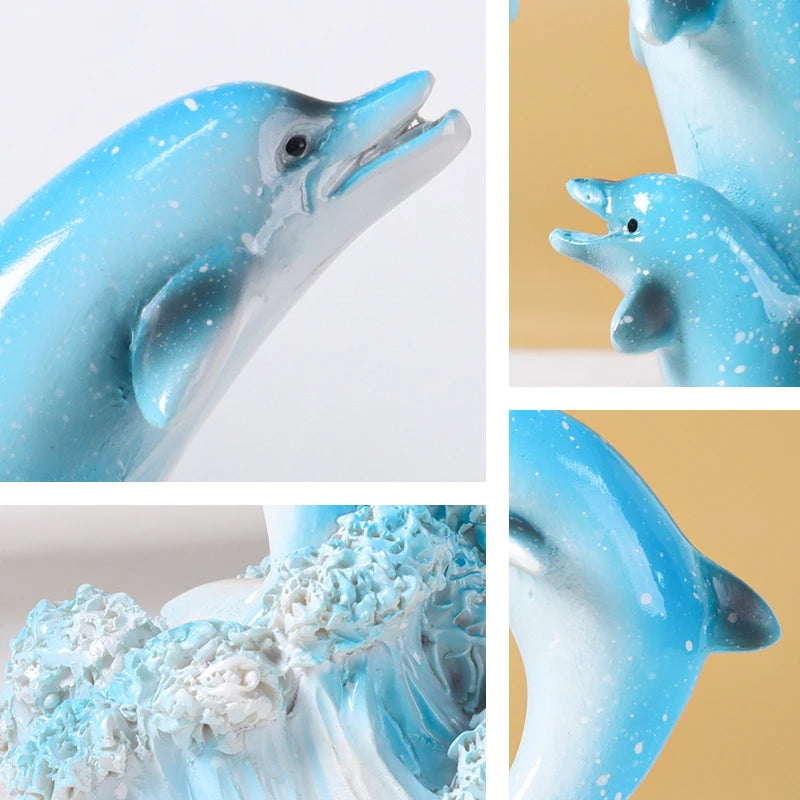 Dolphin Family Resin Statue and Ocean Tabletop Decorative Figurine