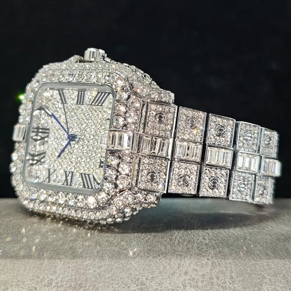 DITALING Men's Hip Hop Square Quartz Watch Stainless Steel 1.7in