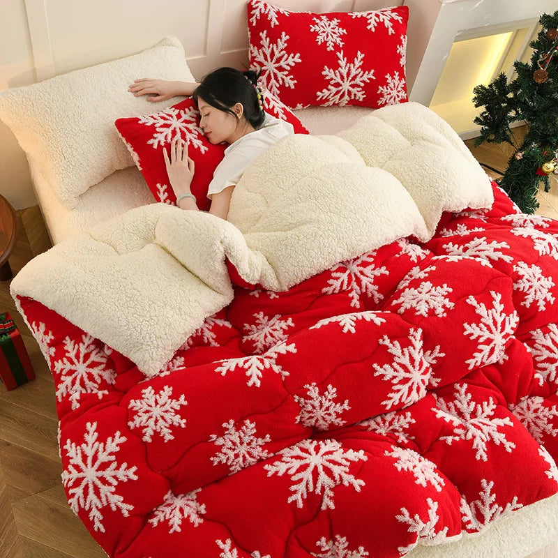 Thick Snowflake Fleece Blanket and Warm Faux Lambswool Throw
