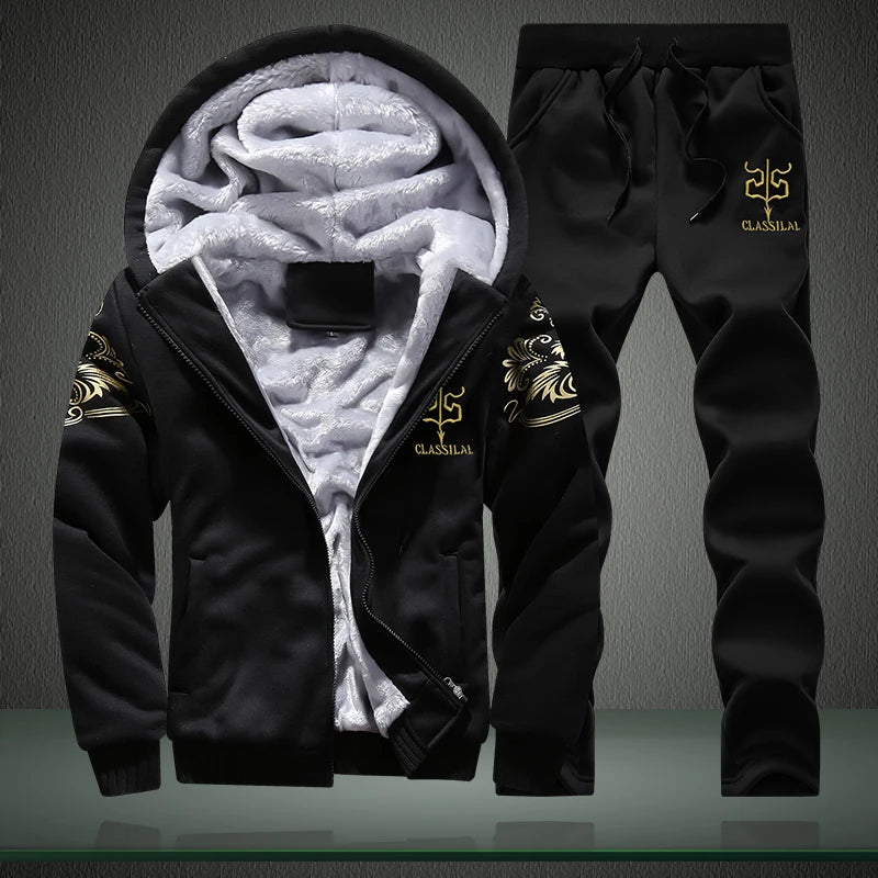 Men's Casual Plush Thickened Hoodie and Pants Two Piece Tracksuit Set