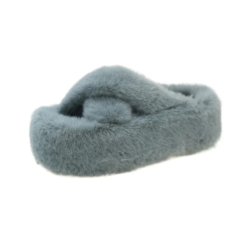 Women's Faux Fur Platform Slippers Soft Plush Indoor House Shoes